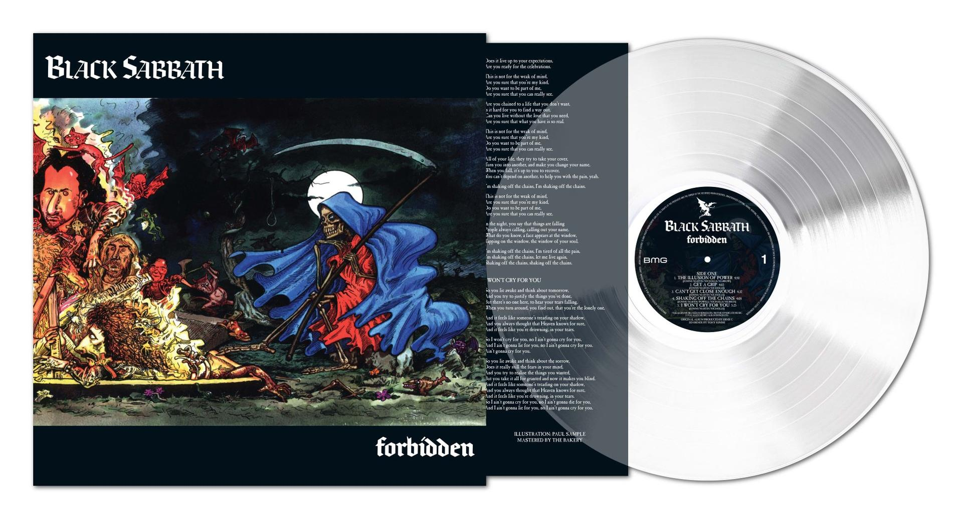 Pochette de l'album Black Sabbath avec art et paroles, et un vinyle transparent.
