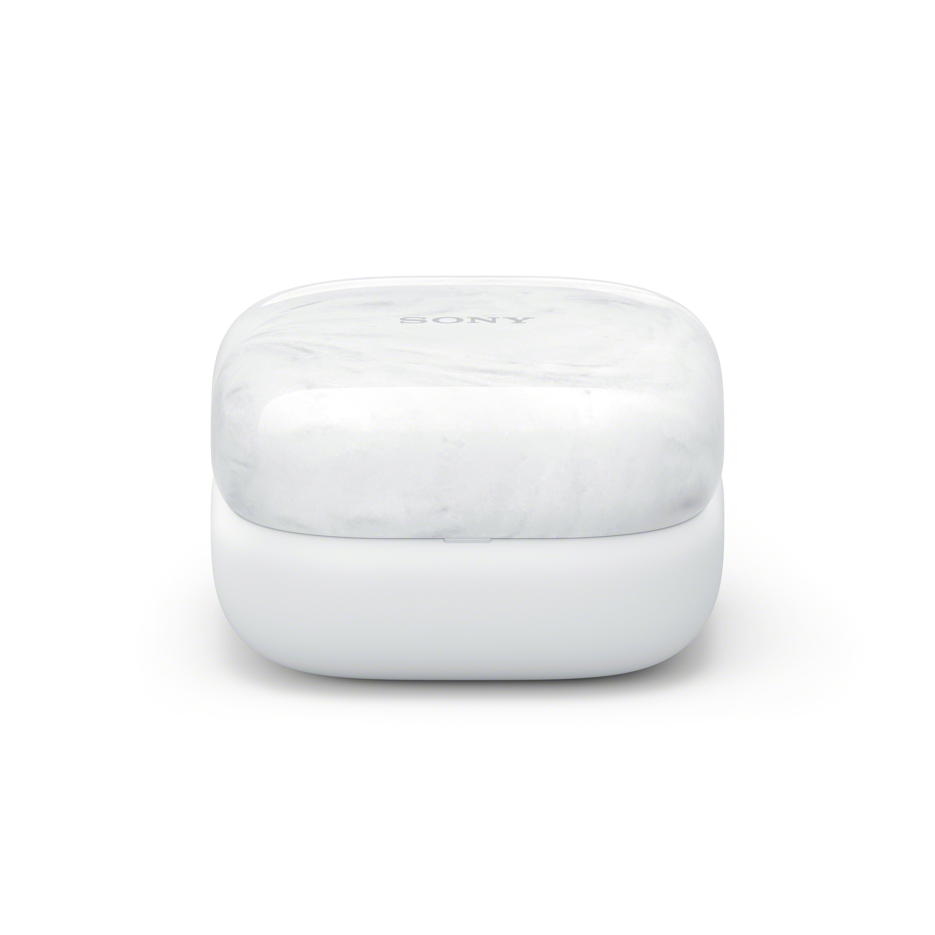 Étui d'écouteurs blanc fermé, avec le logo Sony sur le dessus, sur fond blanc.