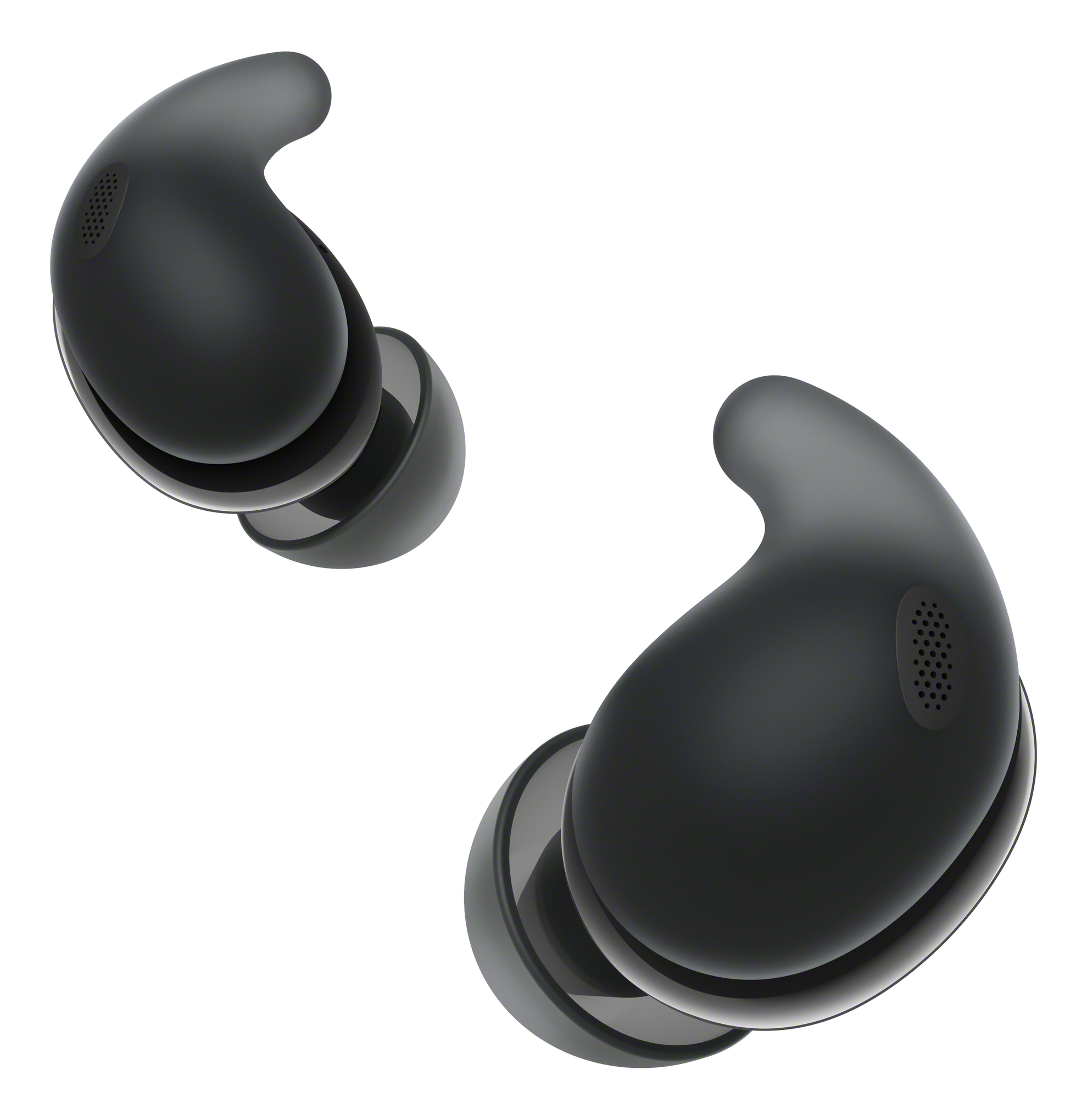Deux écouteurs noirs sur fond noir. Les écouteurs sont incurvés avec une légère courbure.