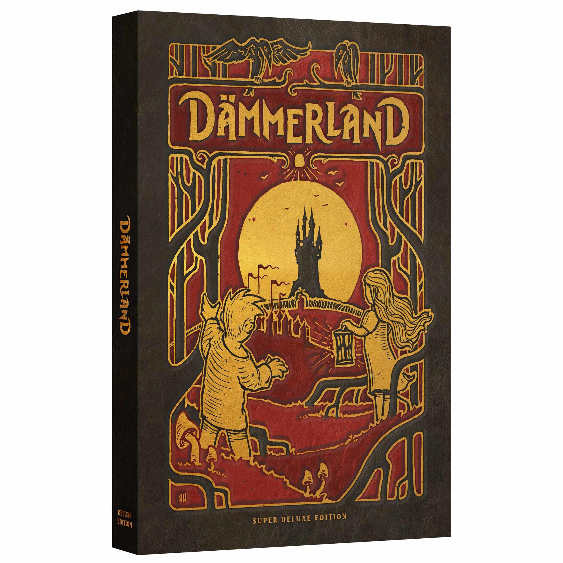 Buchcover mit einer Illustration von zwei Personen, die vor einem Schloss stehen. Buchtitel ist Dämmerland.