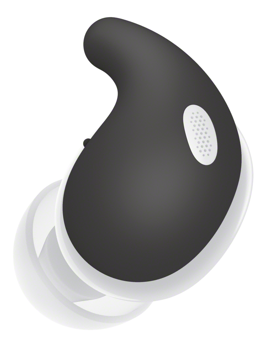Ein Ohrhörer ist schwarz mit weißer Spitze. Es ist ein ergonomisches Design. Schwarzer Hintergrund.