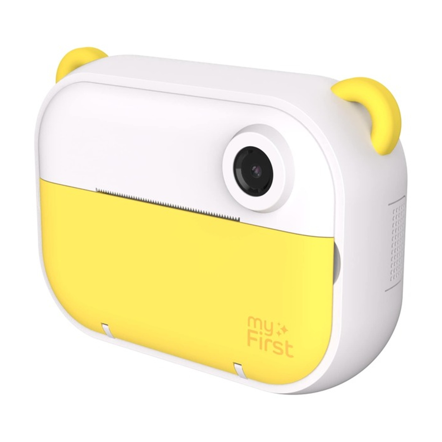 Una fotocamera istantanea bianca e gialla con obiettivo, due orecchie gialle e il logo.
