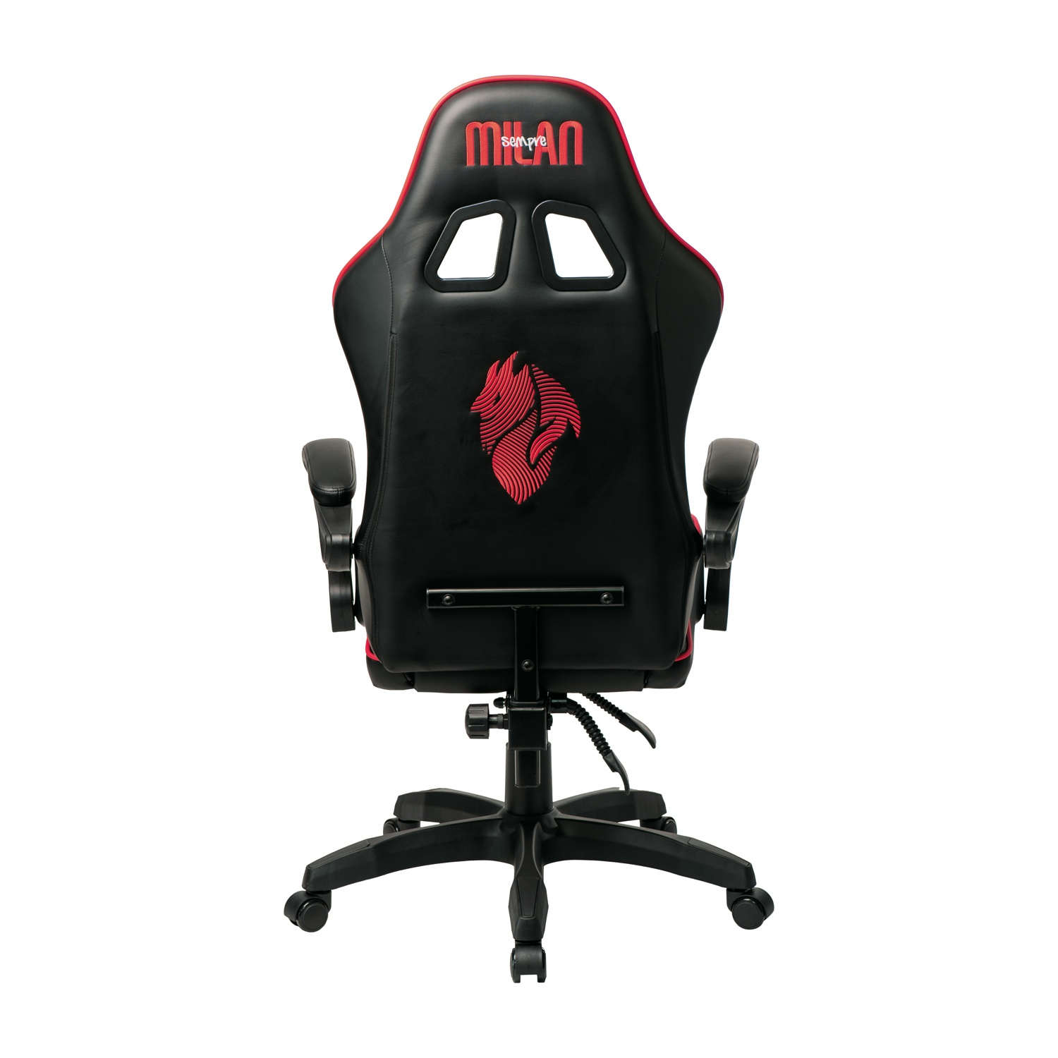 Retro di una sedia da gaming nera con dettagli rossi e un logo rosso.