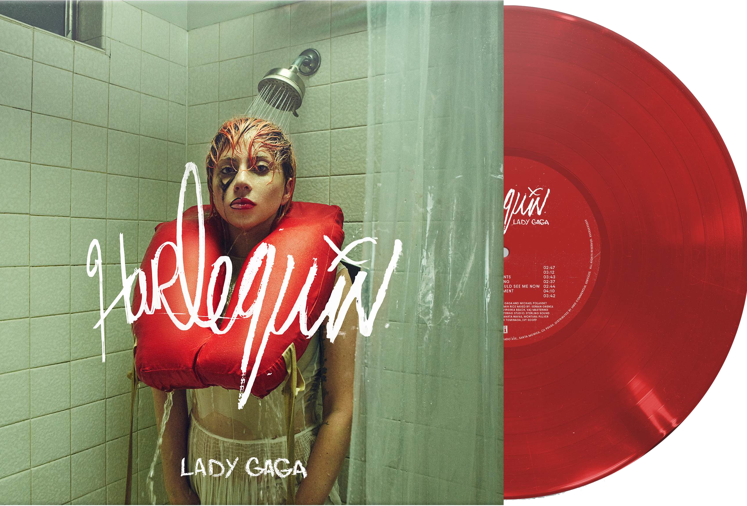 Lady Gaga Albumcover: Titel 'Harlequin', rote Vinyl-Schallplatte, Frau unter Dusche mit roter Schwimmweste.