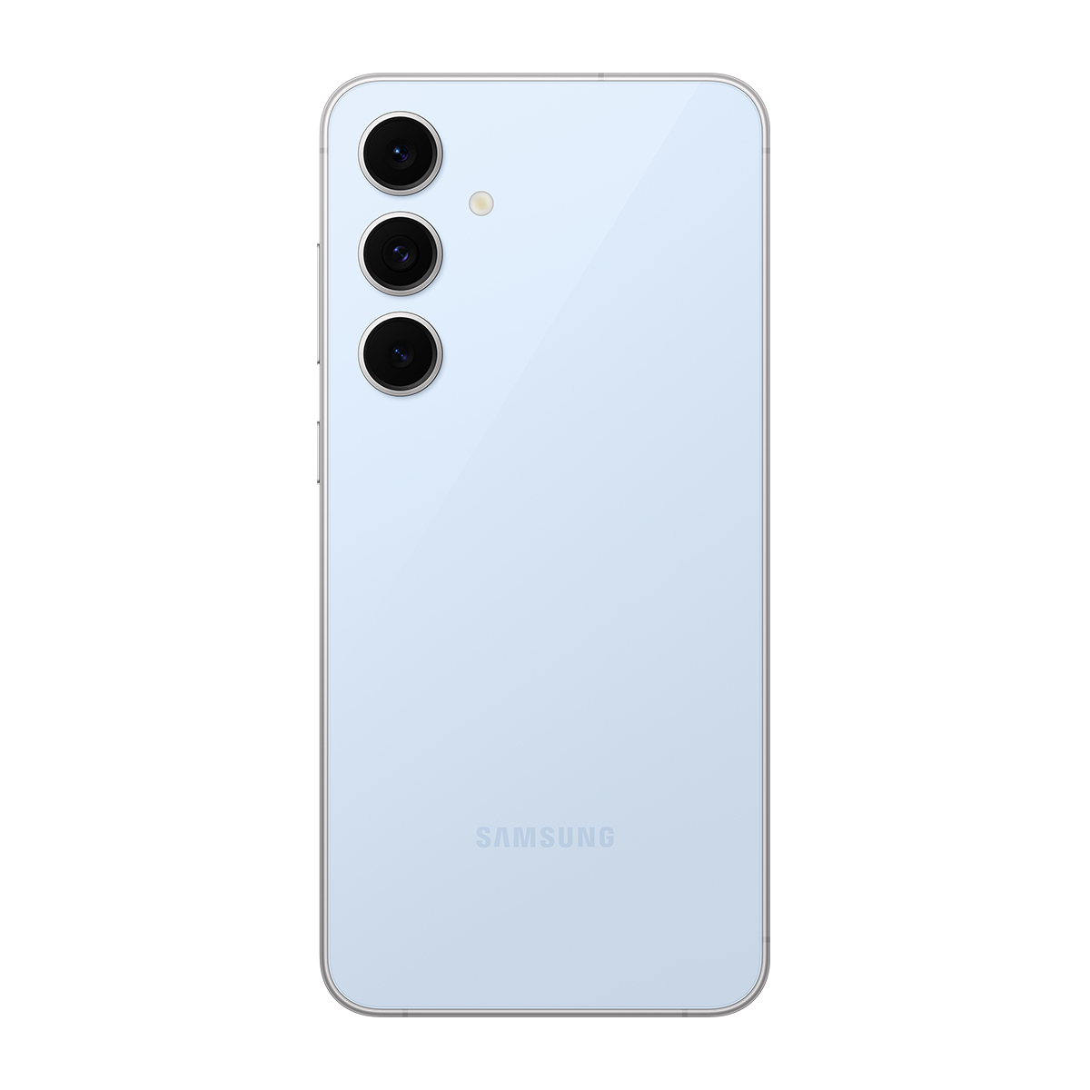 Siyah bir arka plan üzerinde üç arka kameraya sahip açık mavi bir akıllı telefon.