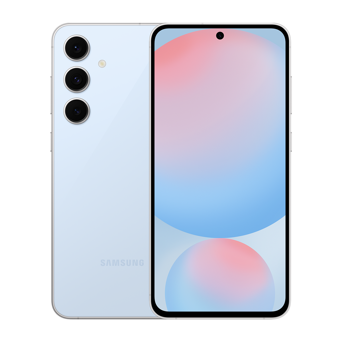 Üçlü kamera ve Samsung logosu olan mavi ve pembe telefon.