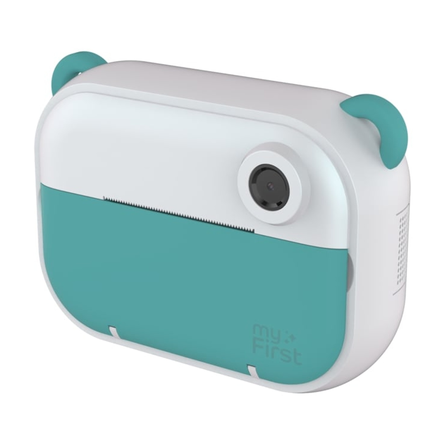 Una fotocamera istantanea bianca e verde acqua con un design carino.