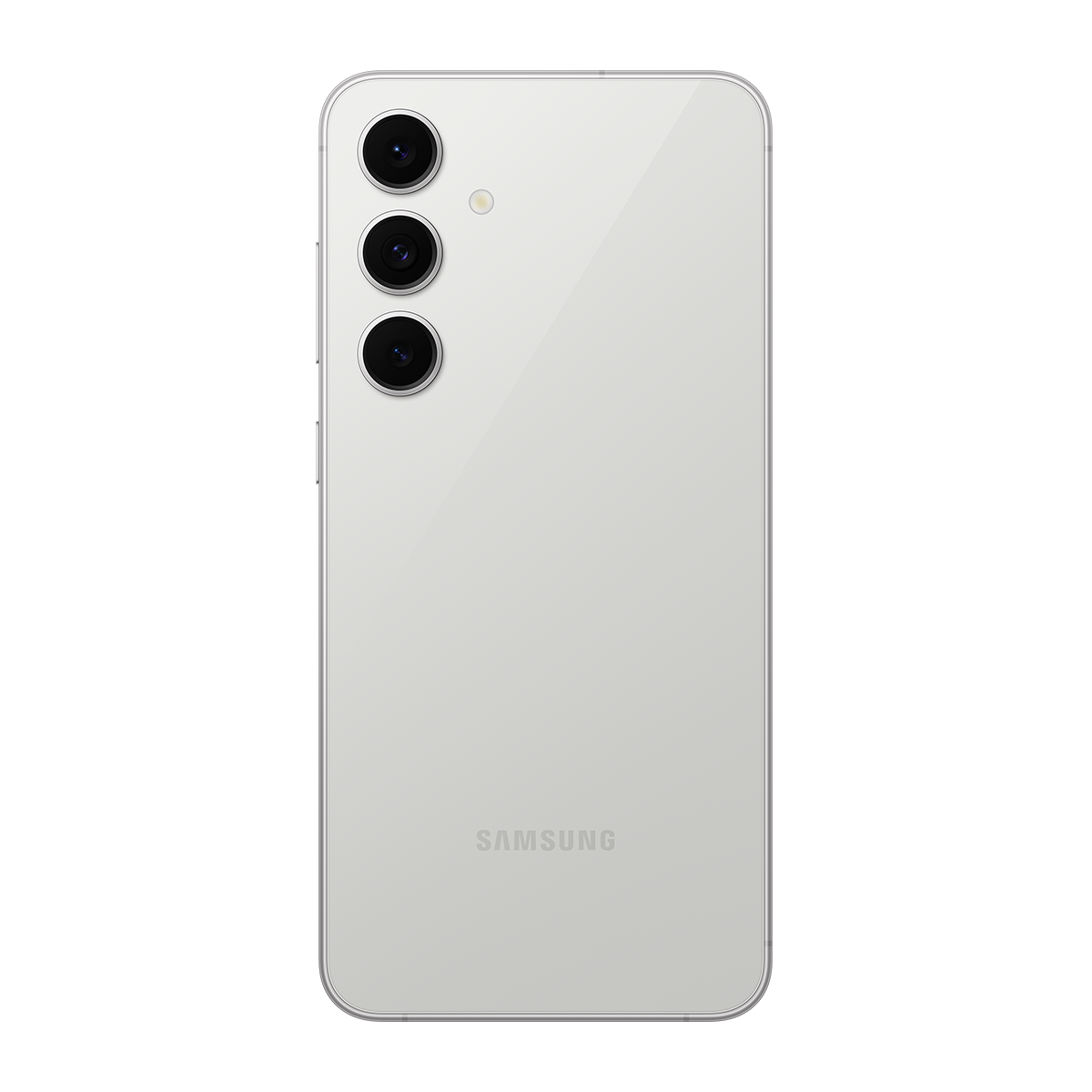 Üç kameralı beyaz telefon arkası. Samsung logosu görünür. Siyah zemin.