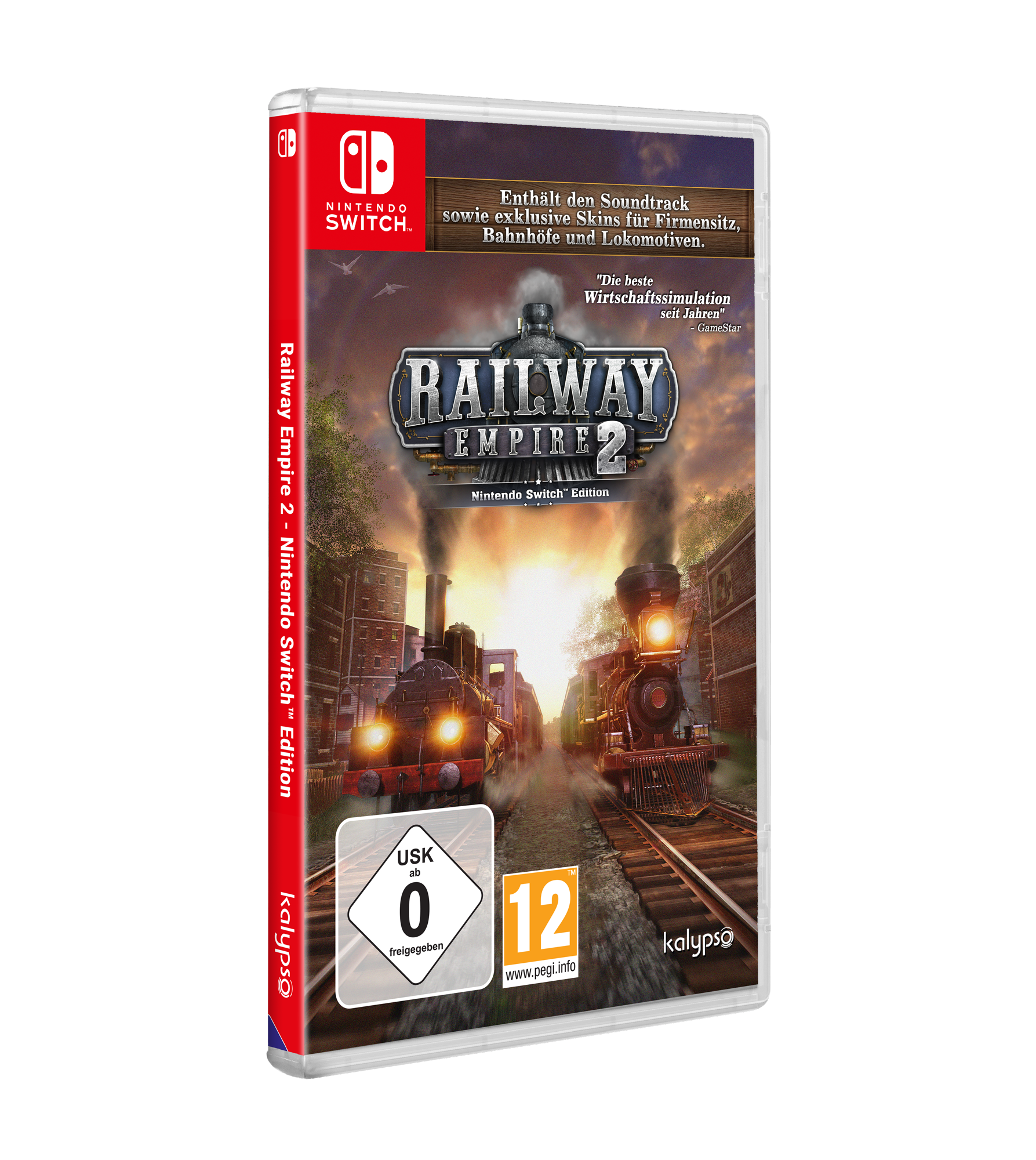 Spielbox für 'Railway Empire 2' mit Zügen, Gleisen und Sonnenuntergang. Nintendo Switch Logo sichtbar.