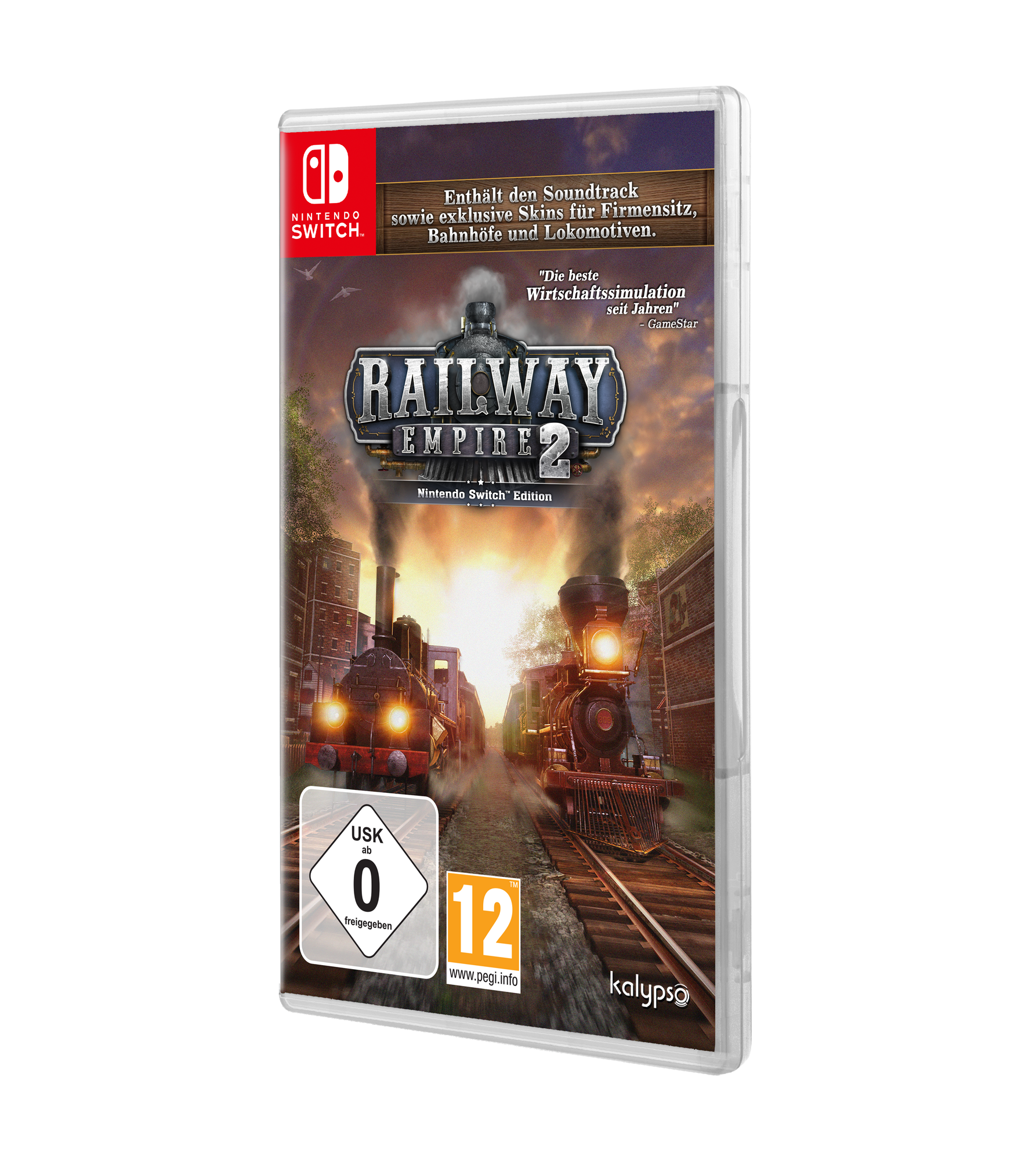 Eine Nintendo Switch-Spielhülle für Railway Empire 2. Das Cover zeigt Züge und eine Eisenbahn.