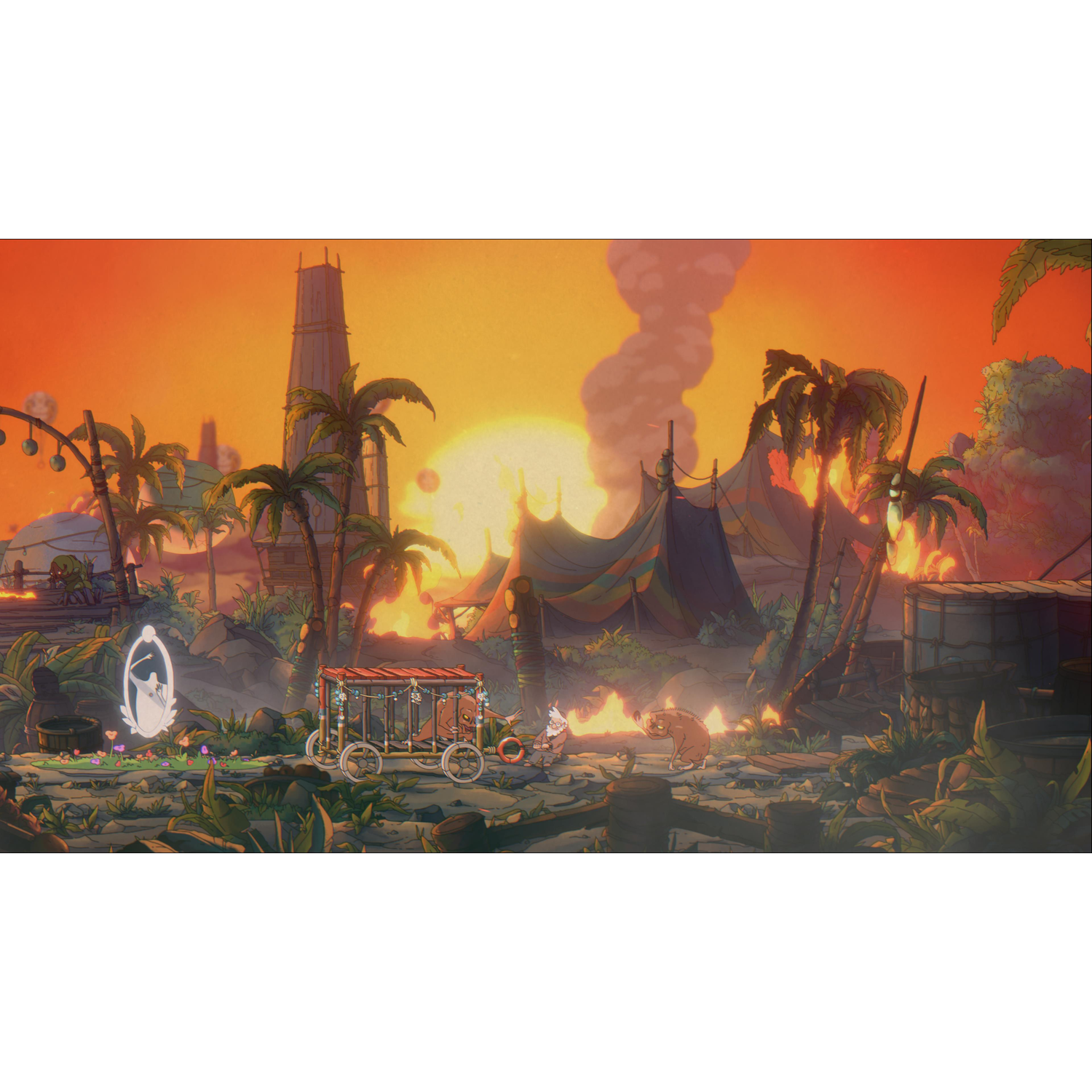 Een kleurrijke illustratie van een circusscène met een zonsondergang op de achtergrond.