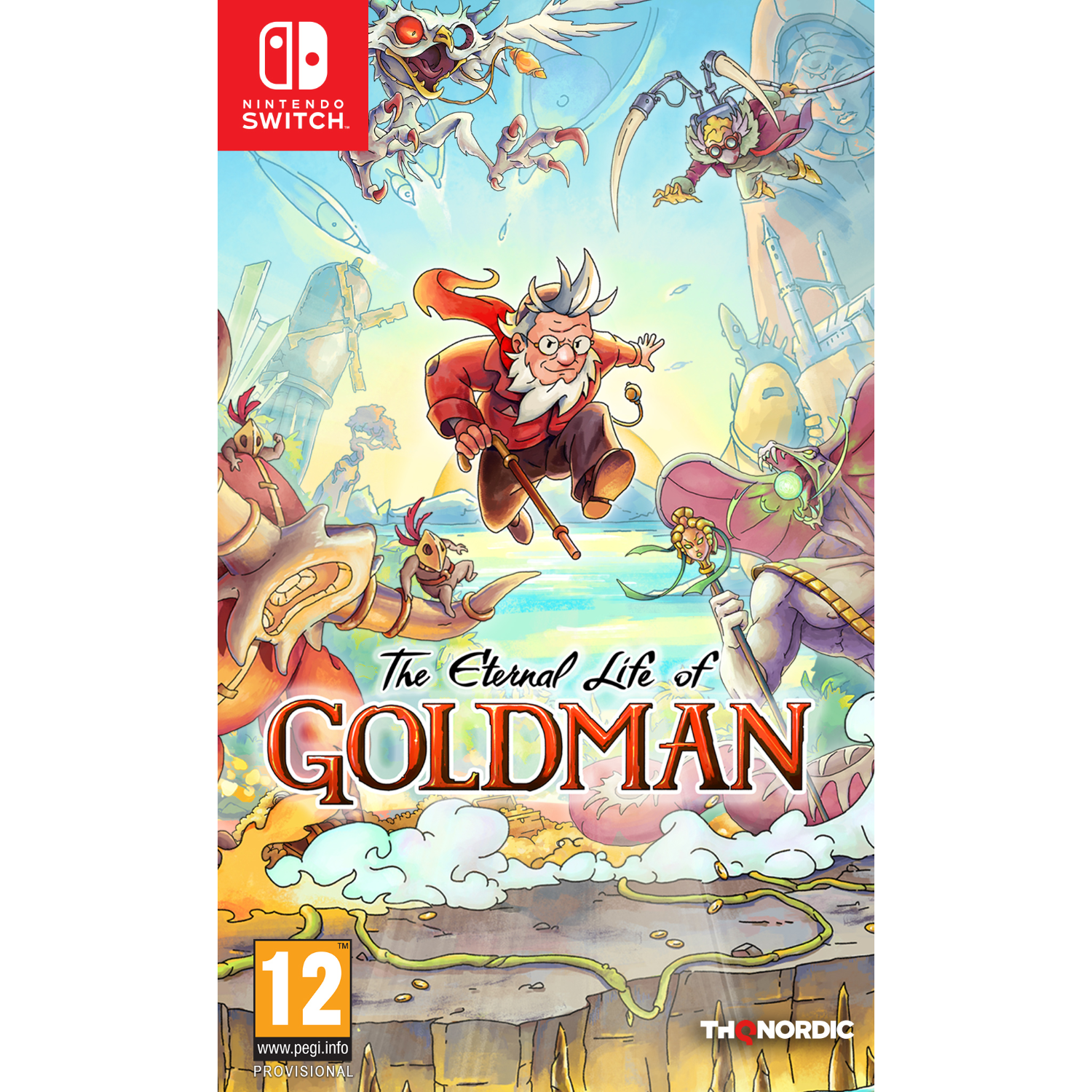 Gamebox art voor 'The Eternal Life of Goldman' op Nintendo Switch. Bevat een cartoonscène.