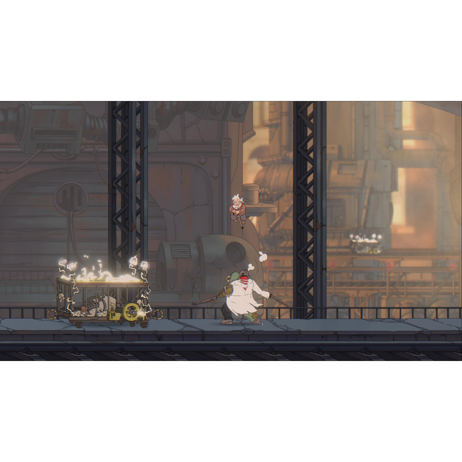 Game scene met een personage, een monster en een apparaat.