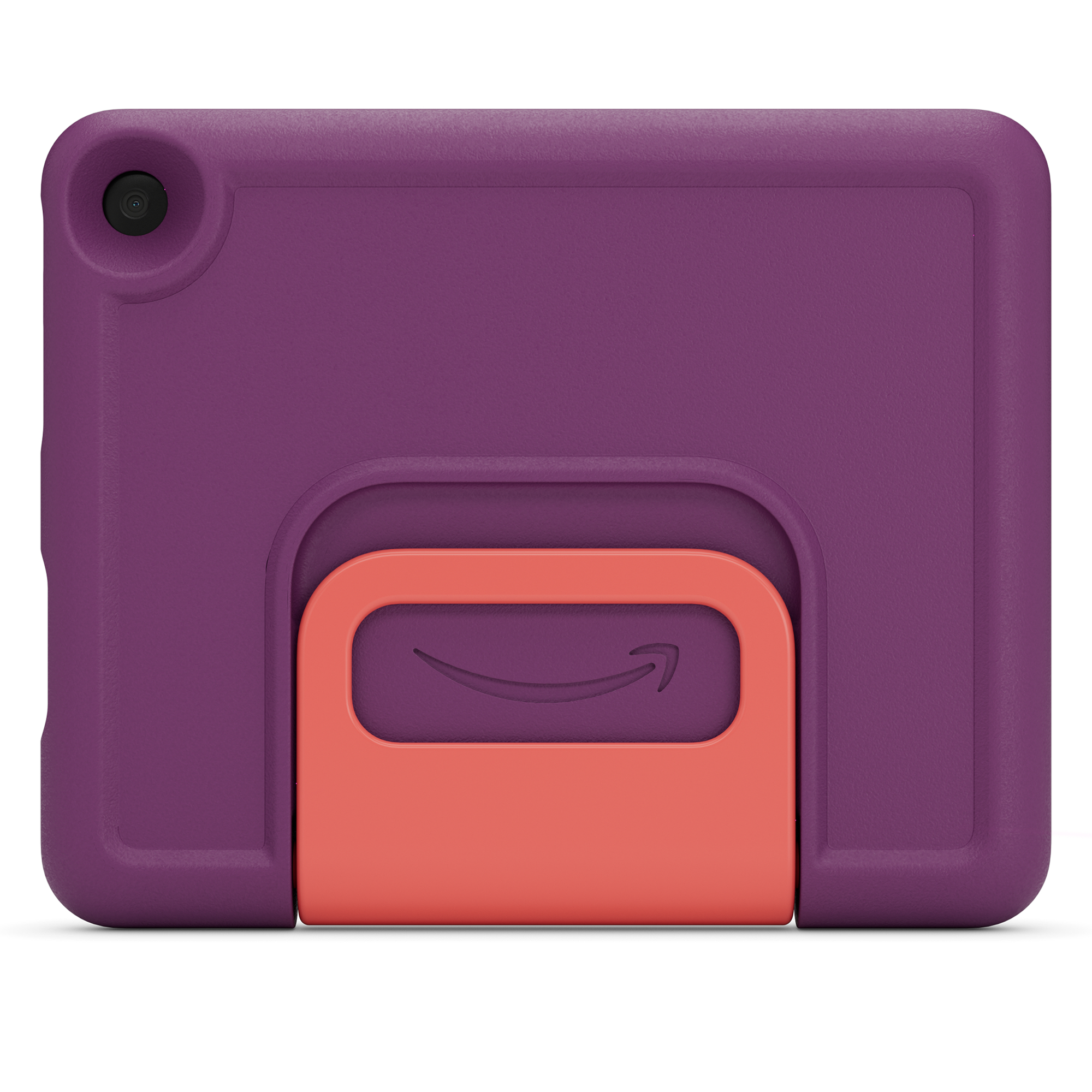 Ein lila Tablet mit einem korallenfarbenen Griff.