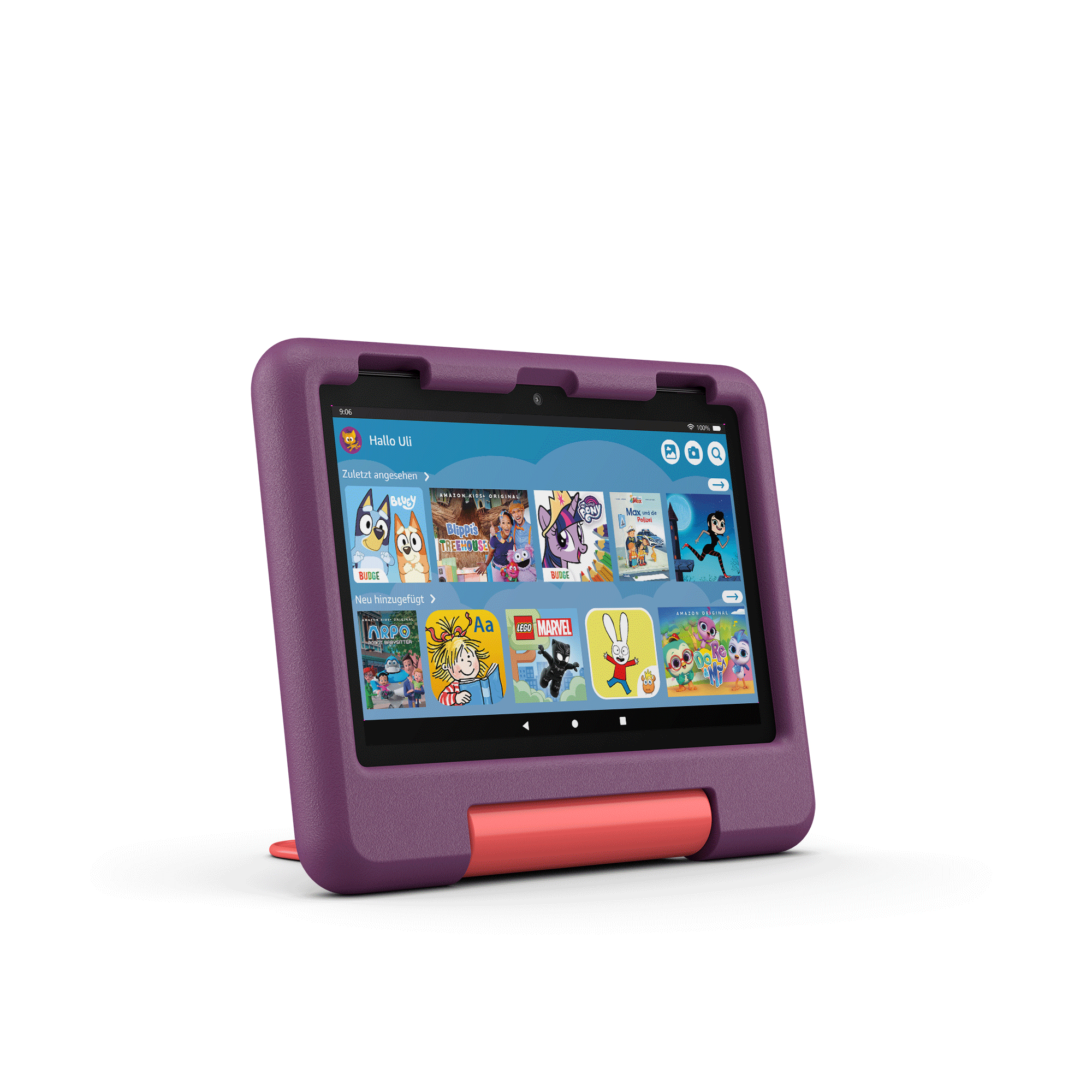 Lila Tablet mit rotem Ständer und Apps auf dem Bildschirm.