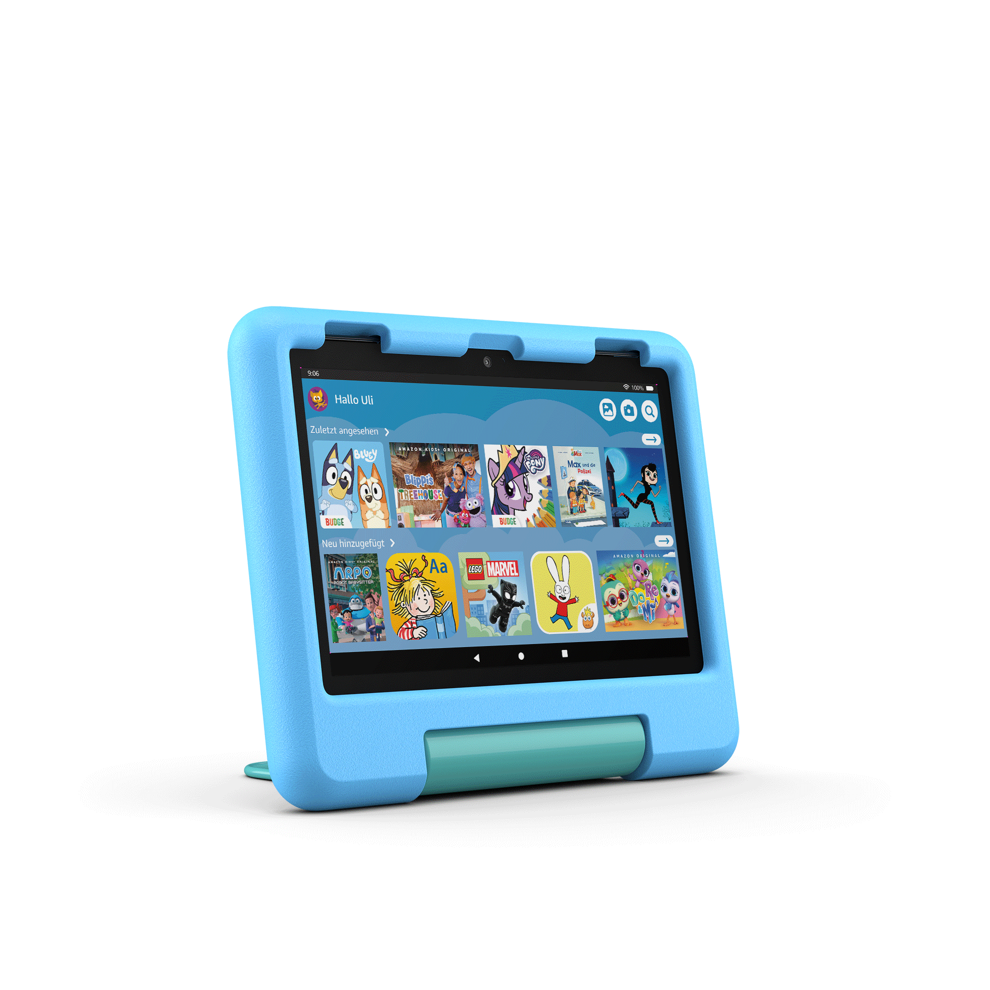 Blauer Tablet-Computer mit blauem Gehäuse, weißer Hintergrund.