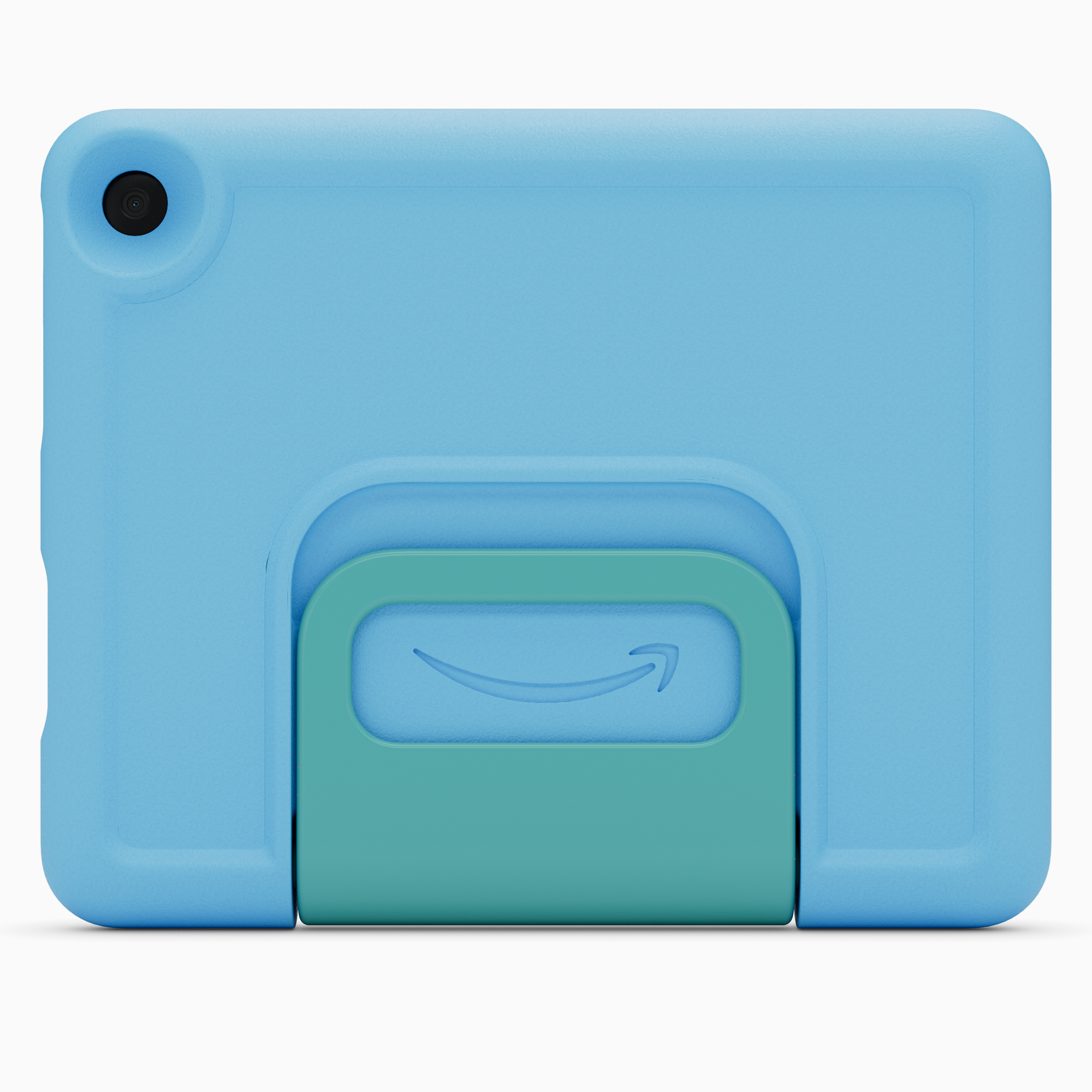 Blaues Tablet mit türkisgrünem Griff auf der Rückseite. Amazon-Logo auf dem Griff.