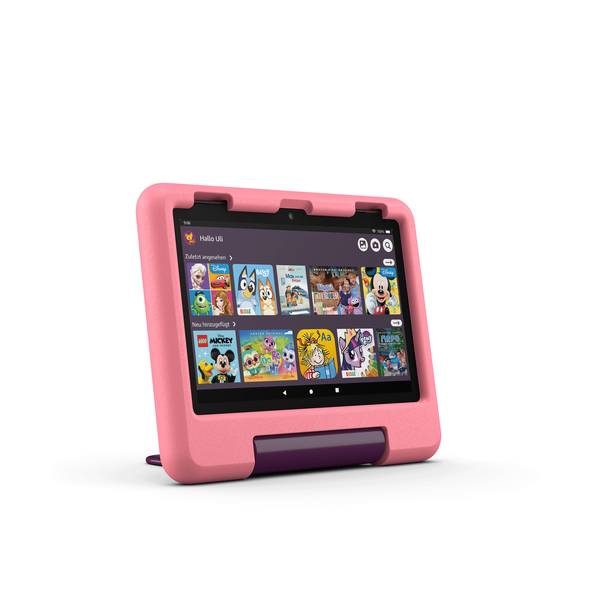 Rosa Tablet mit Disney-Charakteren auf dem Bildschirm in einem rosa Gehäuse. Es steht auf einer weißen Oberfläche.