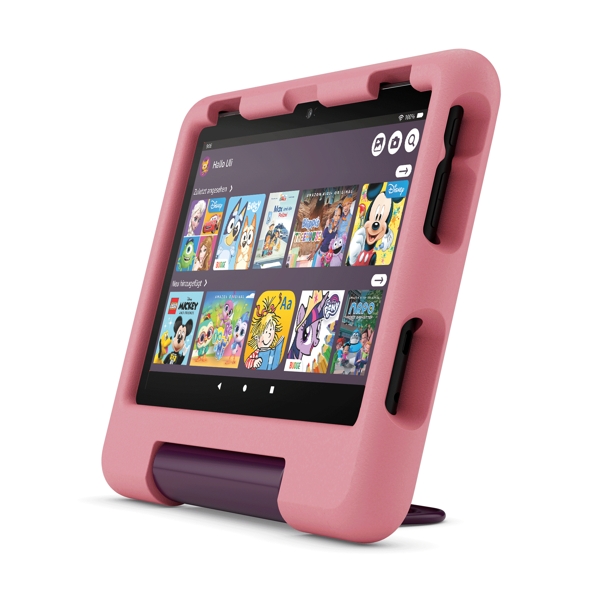 Rosa Tablet mit Schutzhülle. Zeigt Cartoons und Streaming-Apps an.