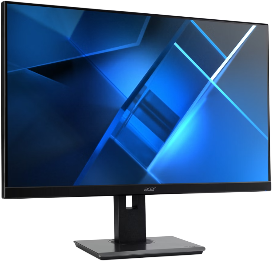 Egy Acer monitor kék, absztrakt háttérrel. Az állvány fekete, a keret vékony.