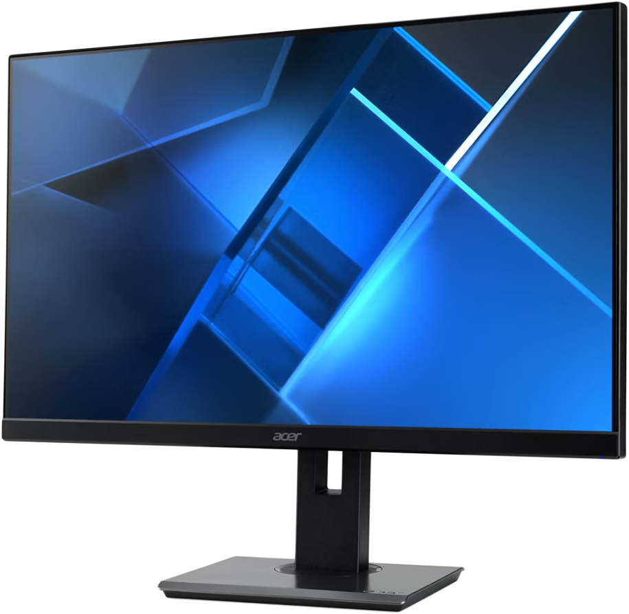 Acer monitor, fekete keret, kék és fekete absztrakt dizájnnal.