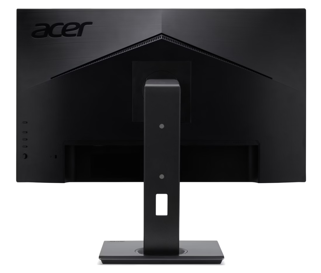 Fekete számítógép-monitor hátulja, Acer logóval és állvánnyal.