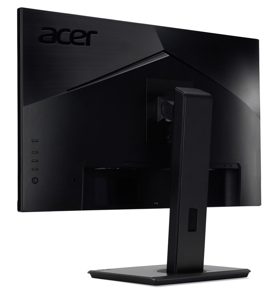 Egy fekete Acer monitor hátulnézete, Acer logóval. Az állvány és a talp is fekete.