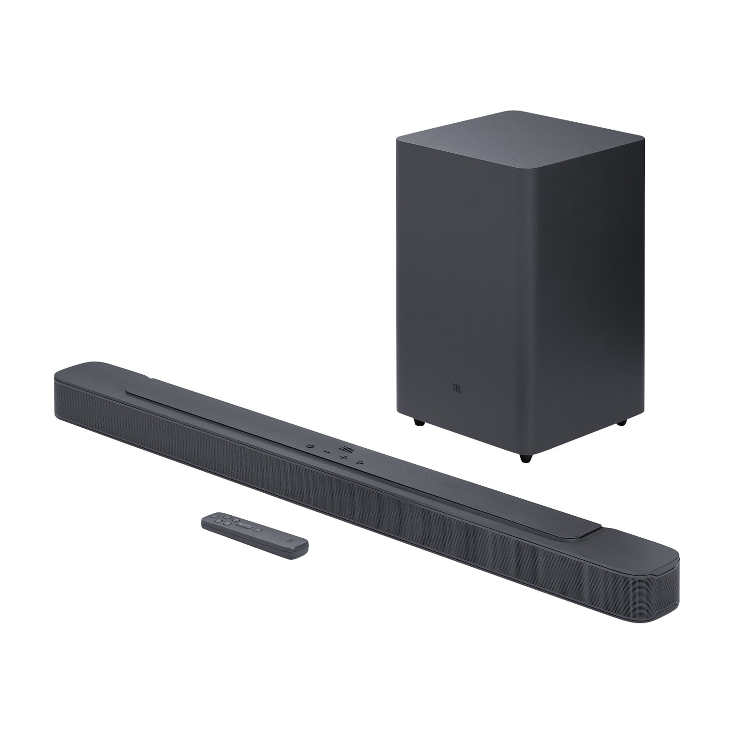 Soundbar grigia con subwoofer e telecomando. La soundbar è orizzontale.