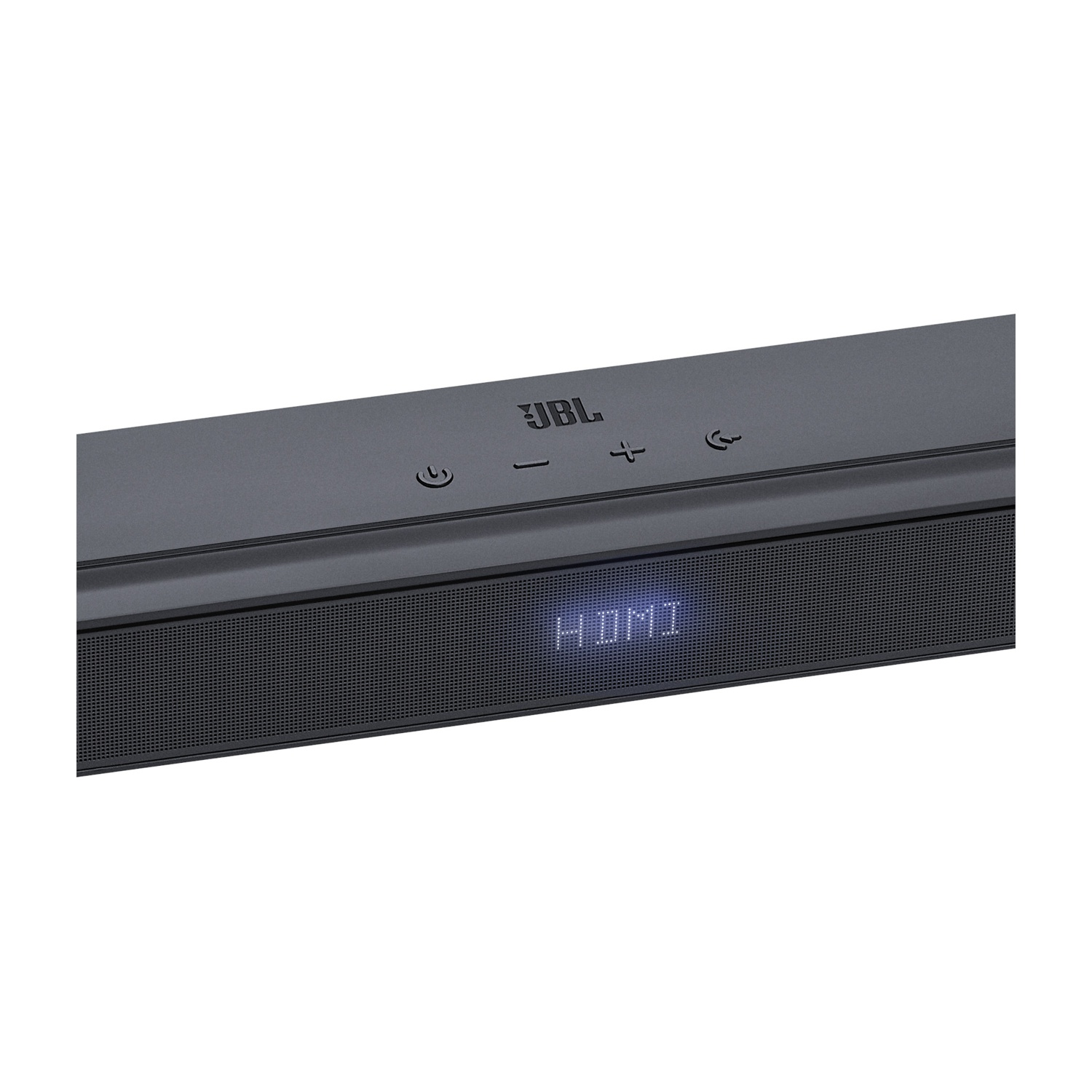 Primo piano di una soundbar nera con pulsanti e un display HDMI. Il logo JBL è visibile.