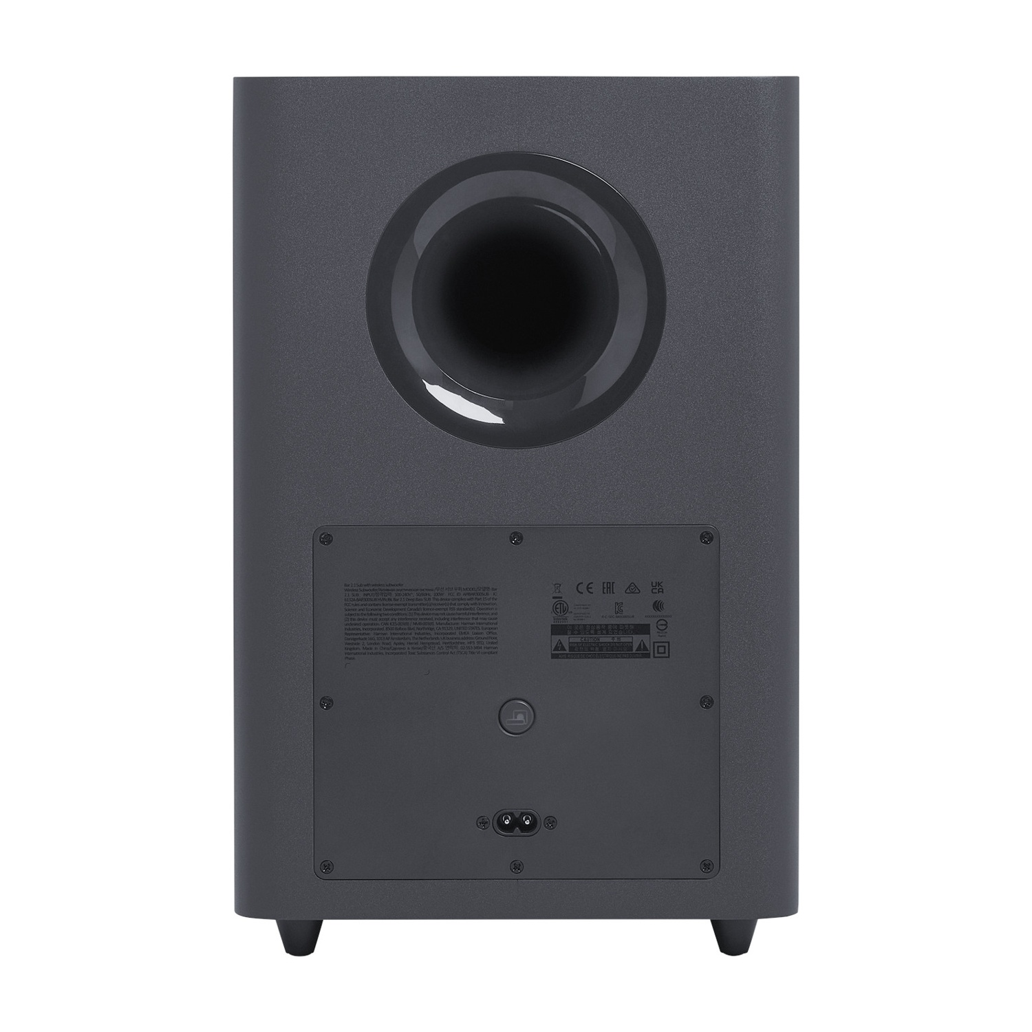 Vista posteriore di un subwoofer grigio con altoparlante e porte.