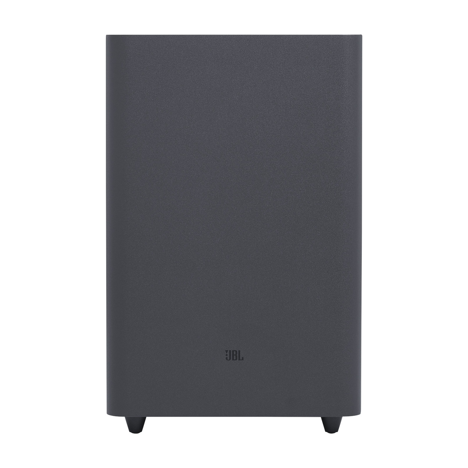 Subwoofer rettangolare grigio scuro con il logo JBL in basso e piedini piccoli.