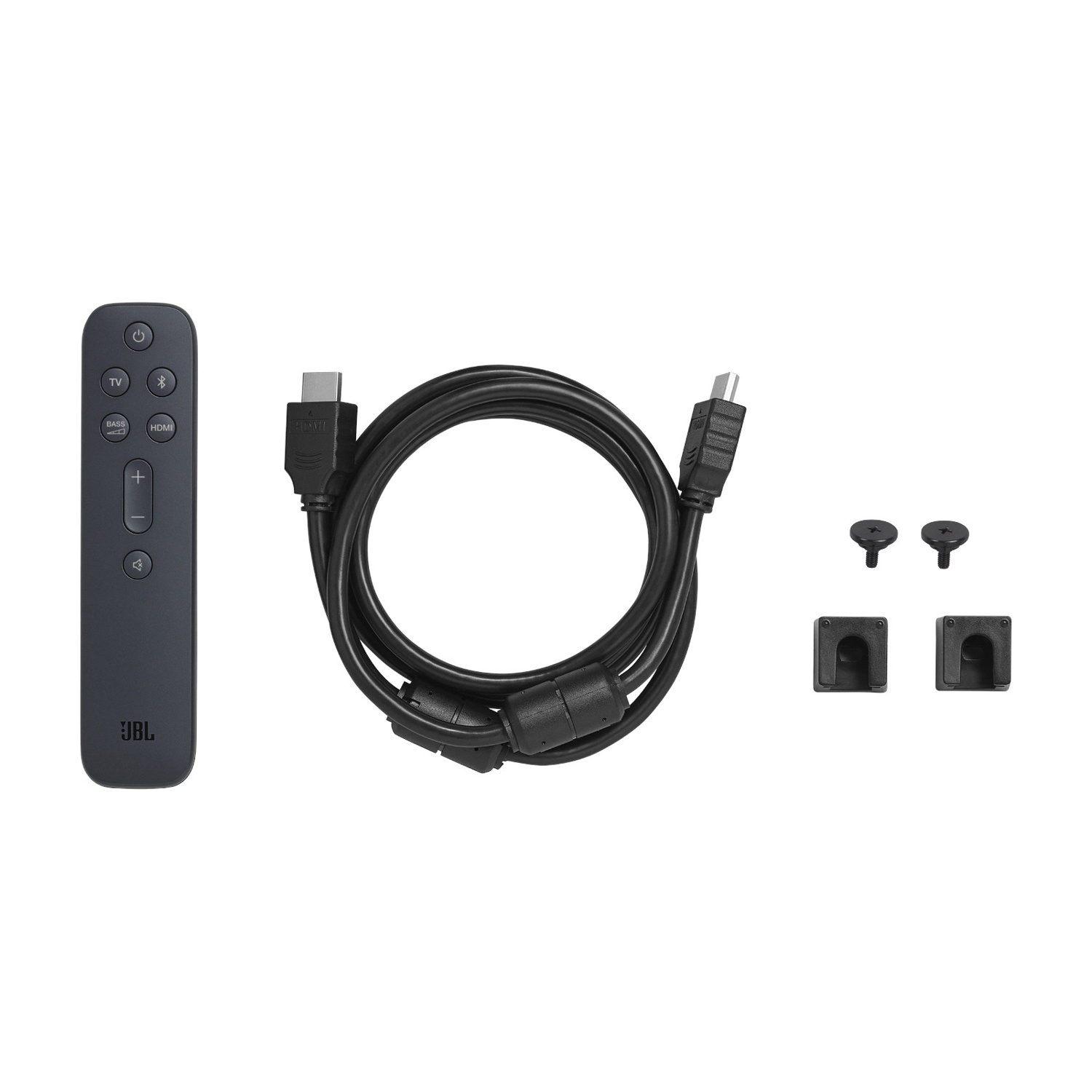 Telecomando, cavo HDMI e accessori di montaggio su una superficie bianca. Tutto è nero.