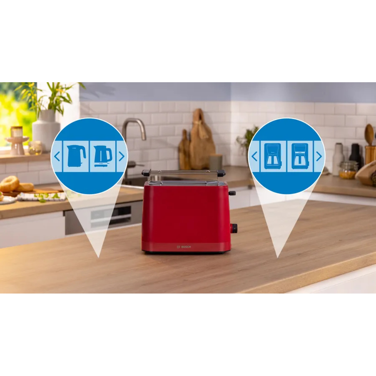 A red toaster on a wooden counter, with icons of a kettle and a coffee machine on each side.