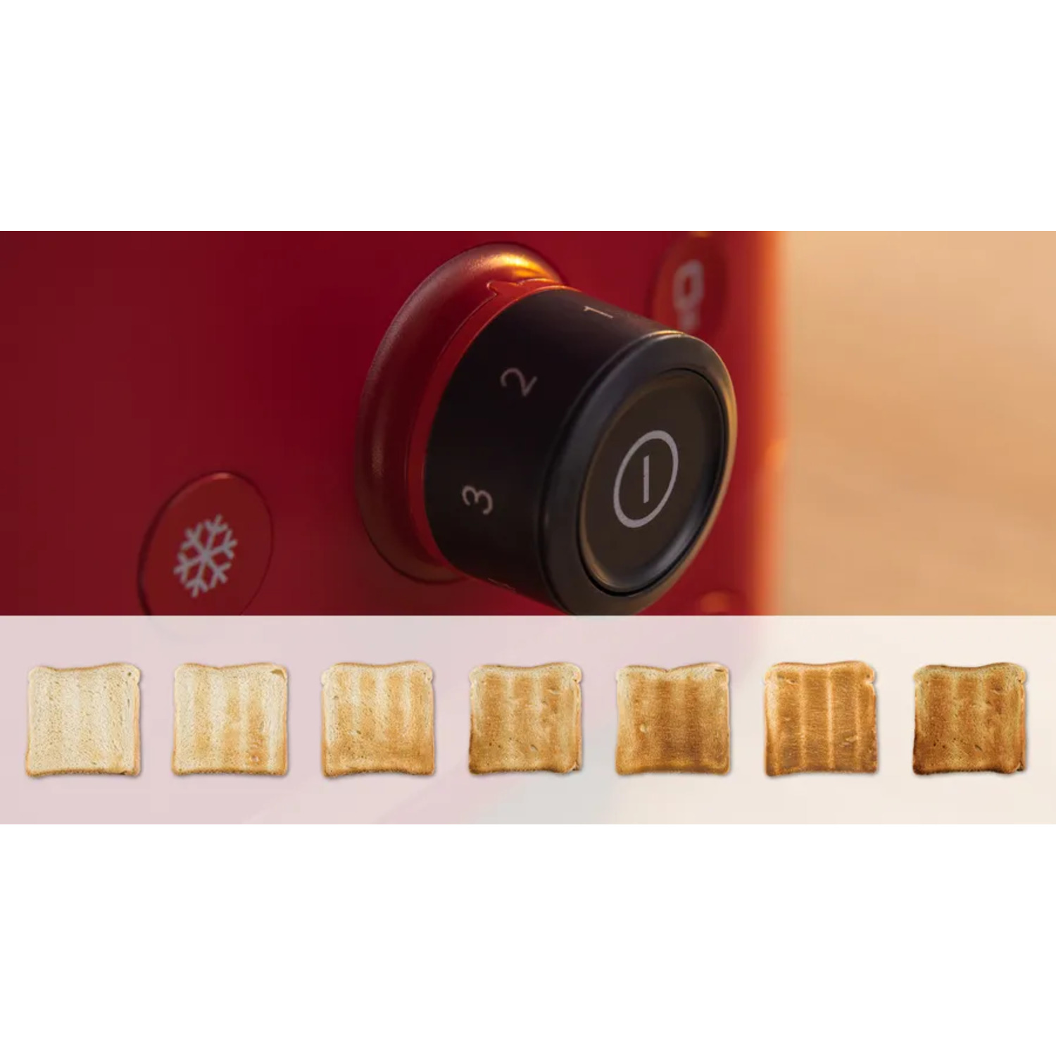 Toaster control dial with numbers 1, 2, 3 and a toast icon. Below are toasted bread slices.