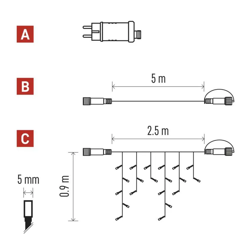 Elektromos alkatrészeket tartalmazó diagram: egy dugó, egy 5 méteres vezeték és egy 2,5 méteres vezeték.