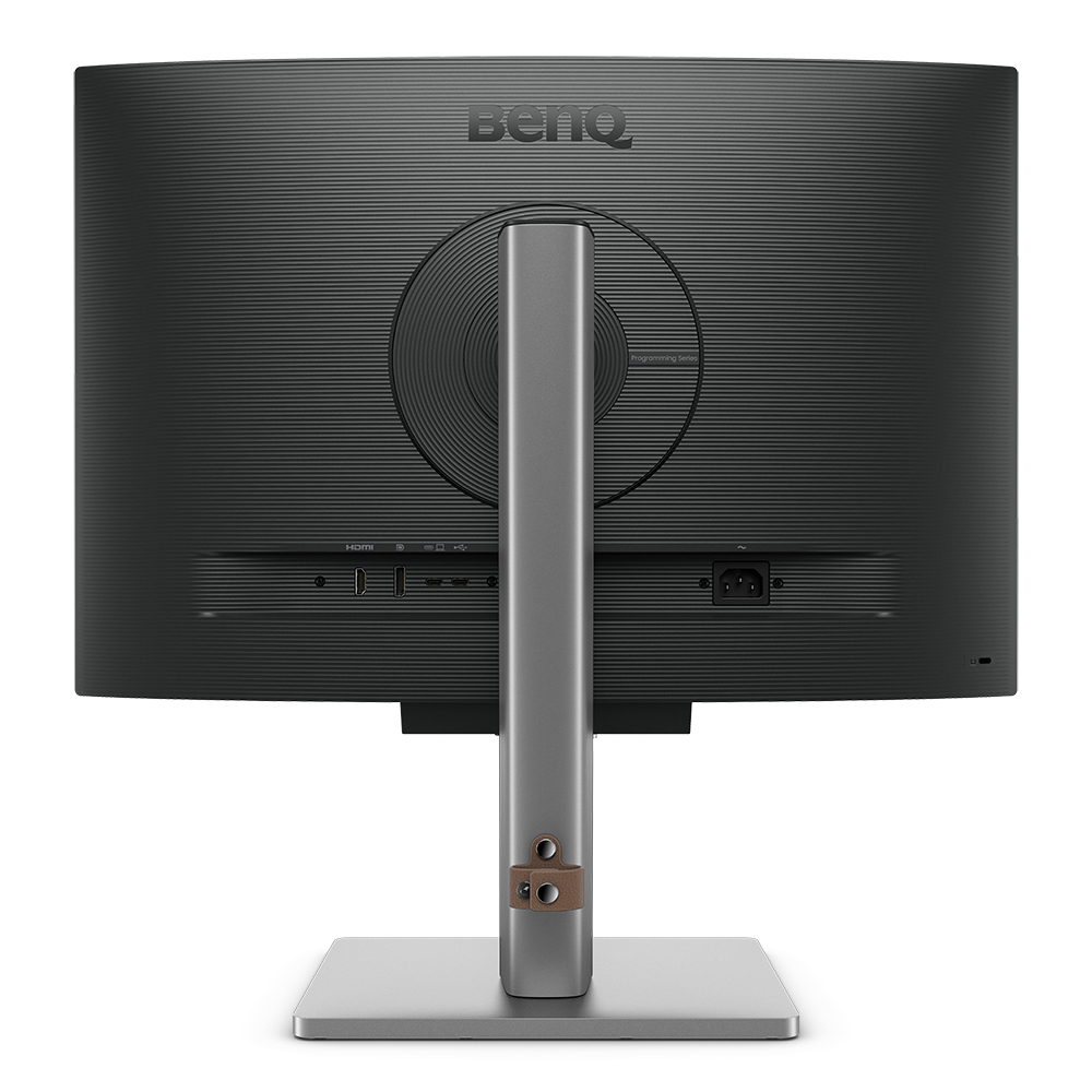 La parte trasera de un monitor BenQ con soporte se muestra sobre un fondo blanco.