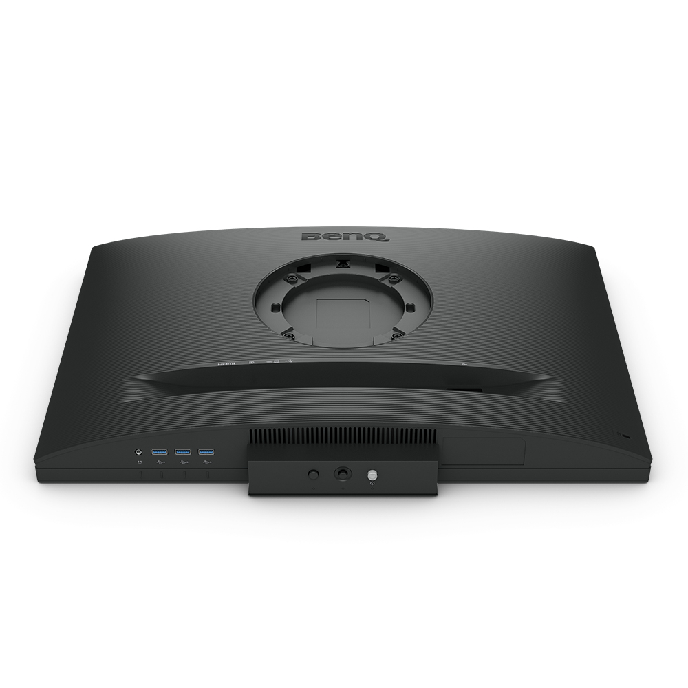 Parte trasera de un monitor BenQ negro con puertos, área de montaje circular y soporte.