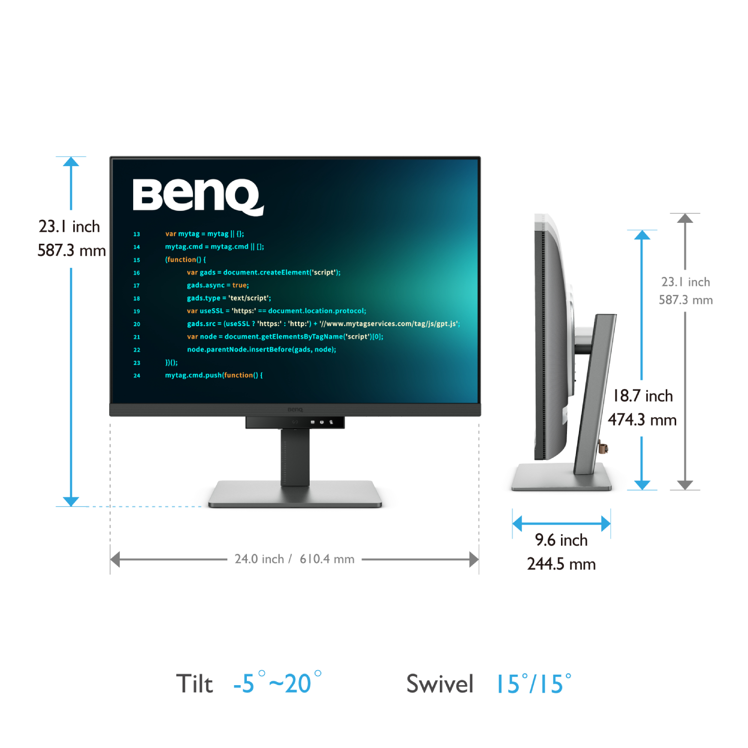 Monitor BenQ mostrando dimensiones. El monitor es negro con logo BenQ blanco y código en pantalla.