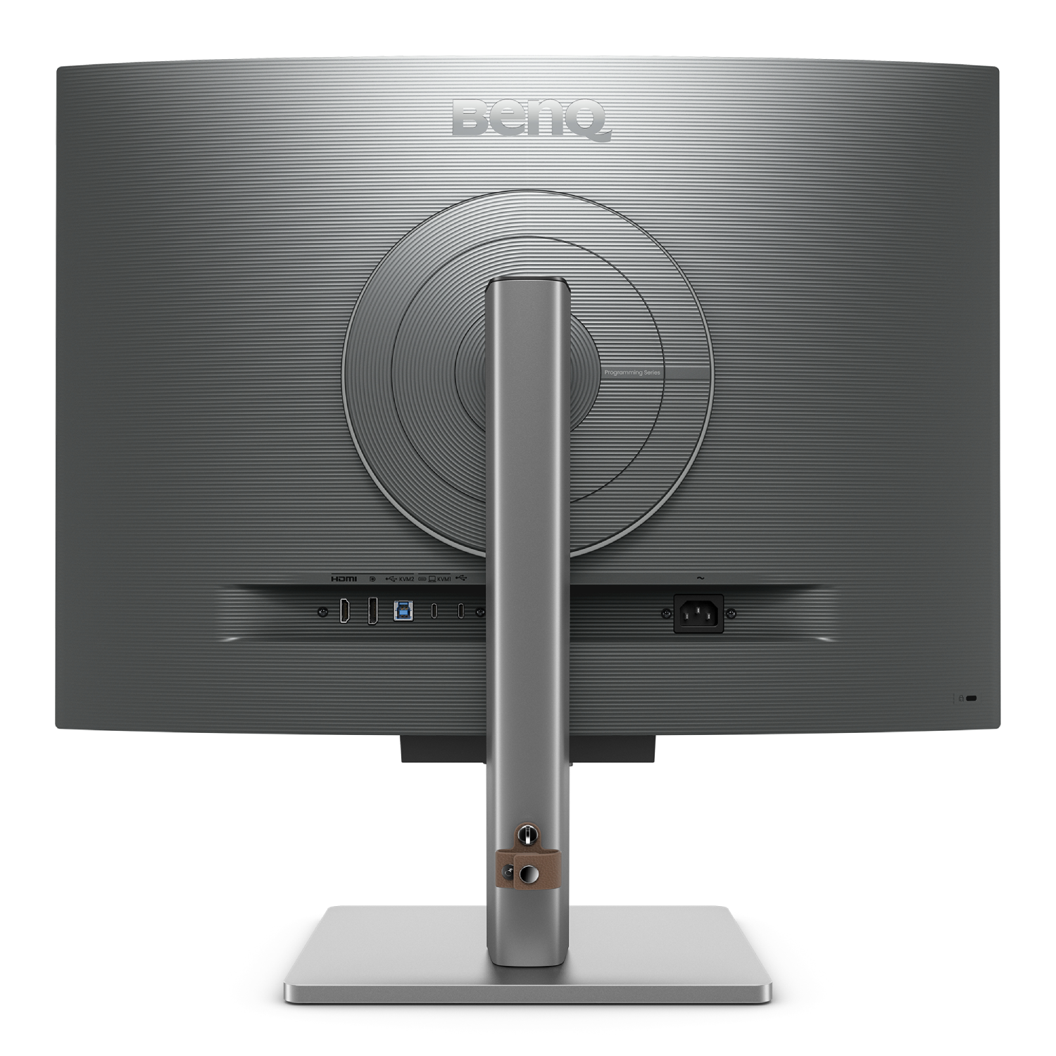 Parte trasera de un monitor BenQ gris. Tiene puertos y soporte. El logo BenQ no es visible.