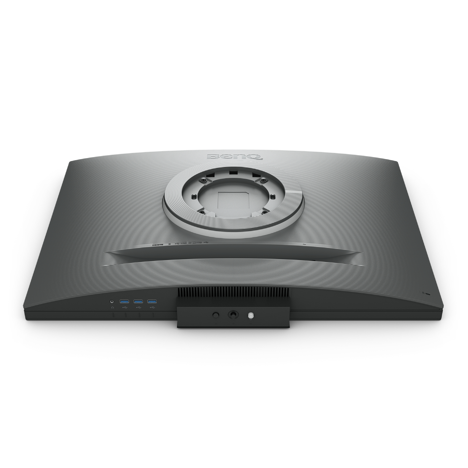 Una base de monitor de computadora gris con puertos y un logotipo de BenQ.