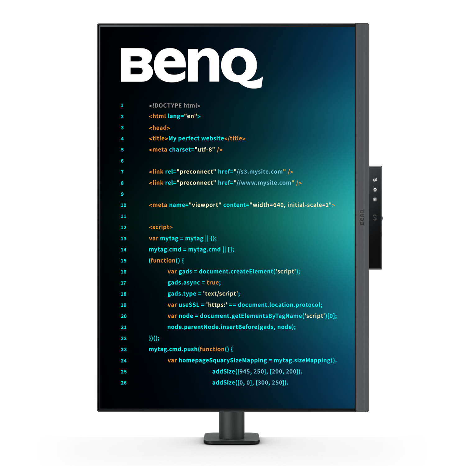 Monitor negro mostrando código. El logo BenQ arriba. Fondo azul.