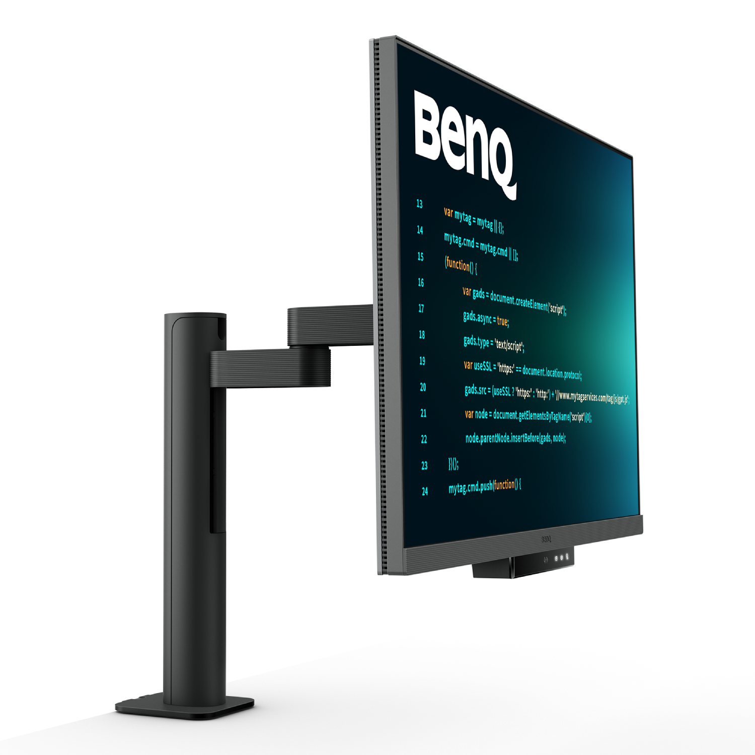 Un monitor negro con código, montado en un soporte negro, fondo blanco.