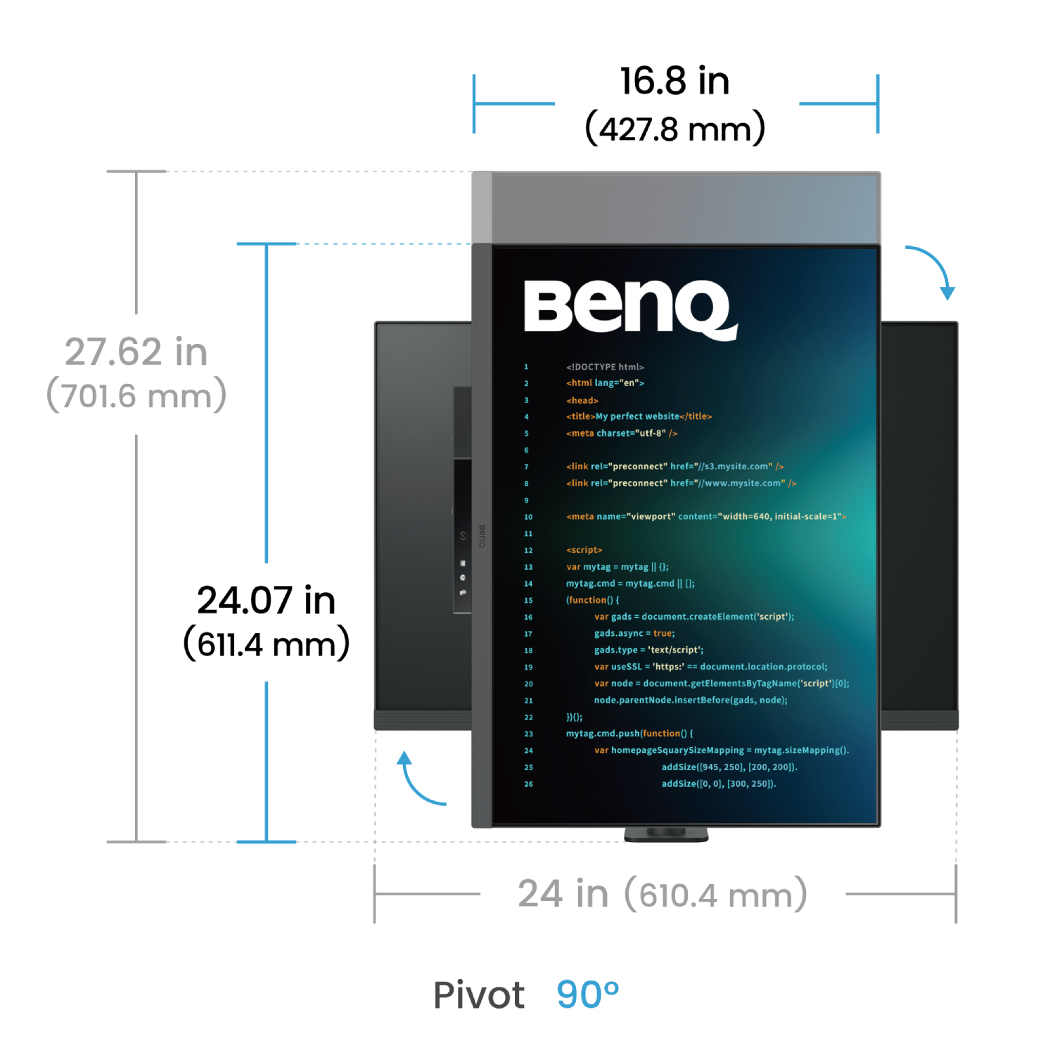 Monitor con código en pantalla, medidas y dimensiones visibles, giro 90 grados.