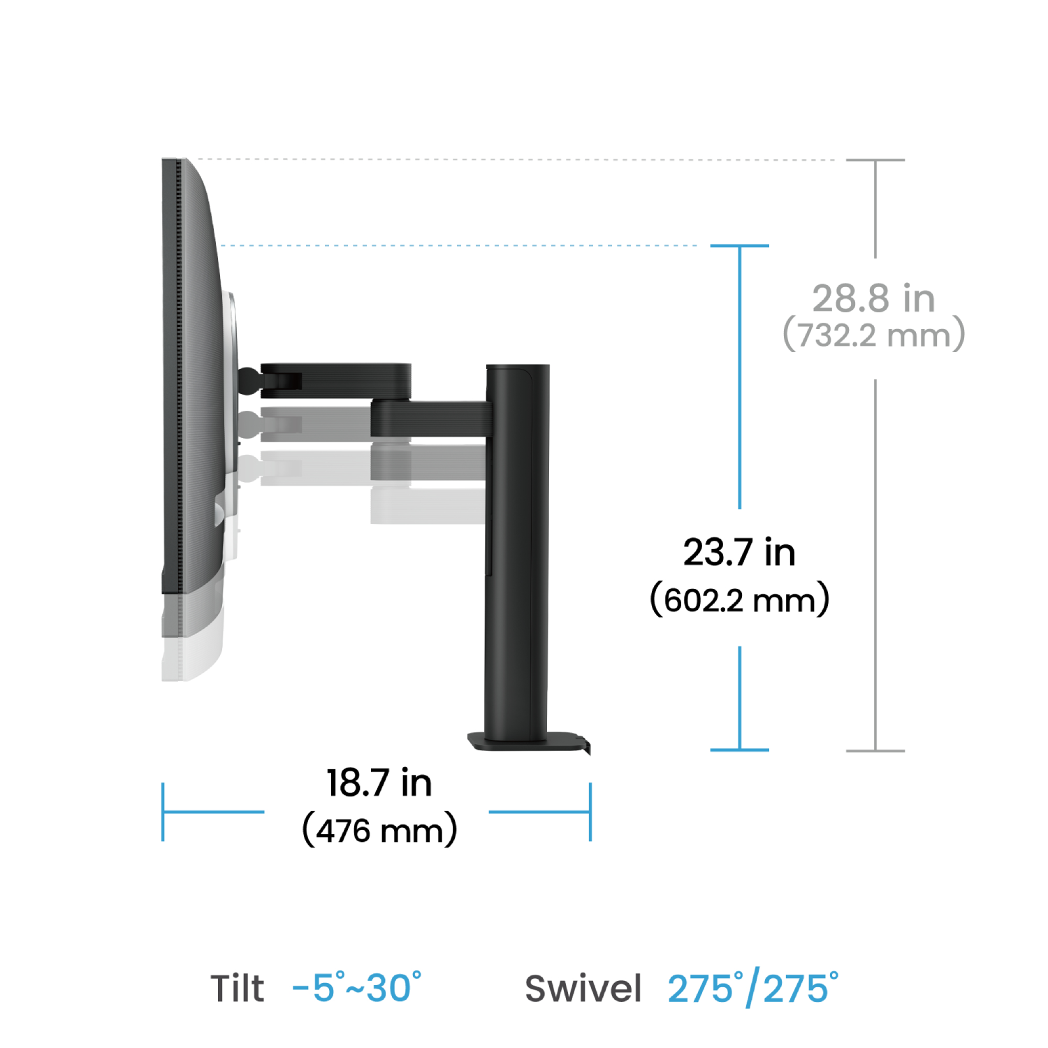 Un brazo de monitor con dimensiones y detalles de inclinación/giro. Color negro.
