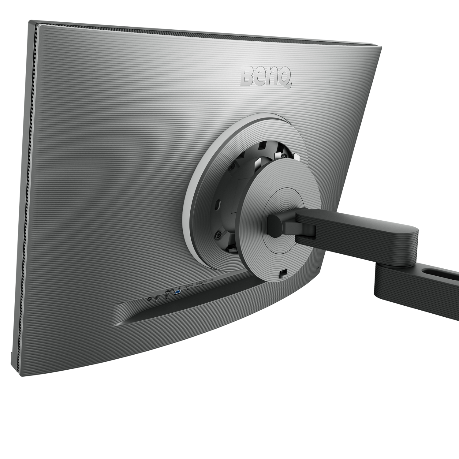Vista trasera de un monitor gris con un soporte de brazo negro y el logotipo de BenQ.