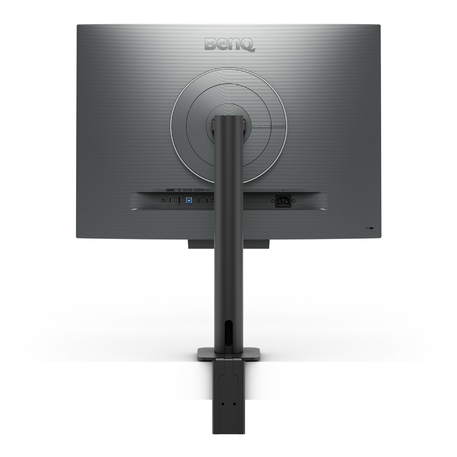 Parte trasera de un monitor de computadora con el soporte adjunto.