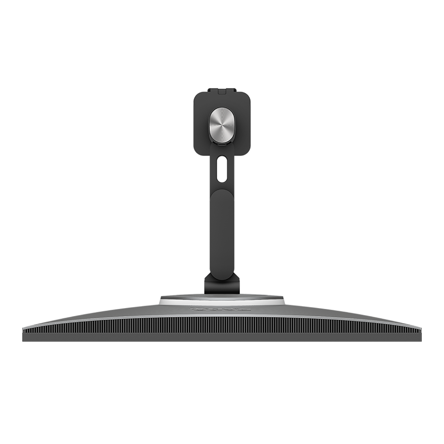 Soporte de monitor de ordenador, visto desde arriba, con un diseño elegante y moderno y una base plateada.