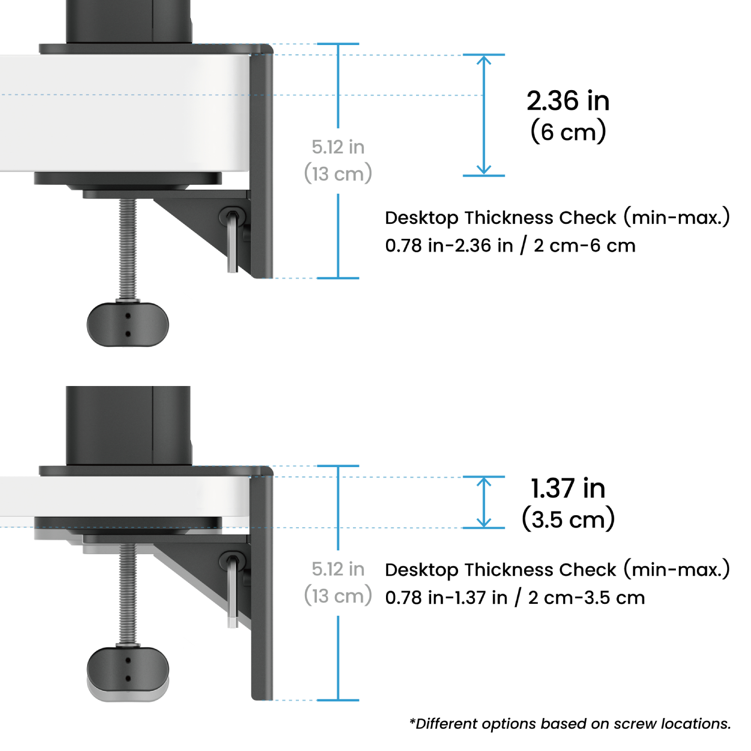 Dos diagramas que ilustran las comprobaciones de grosor de escritorio para un soporte de monitor.