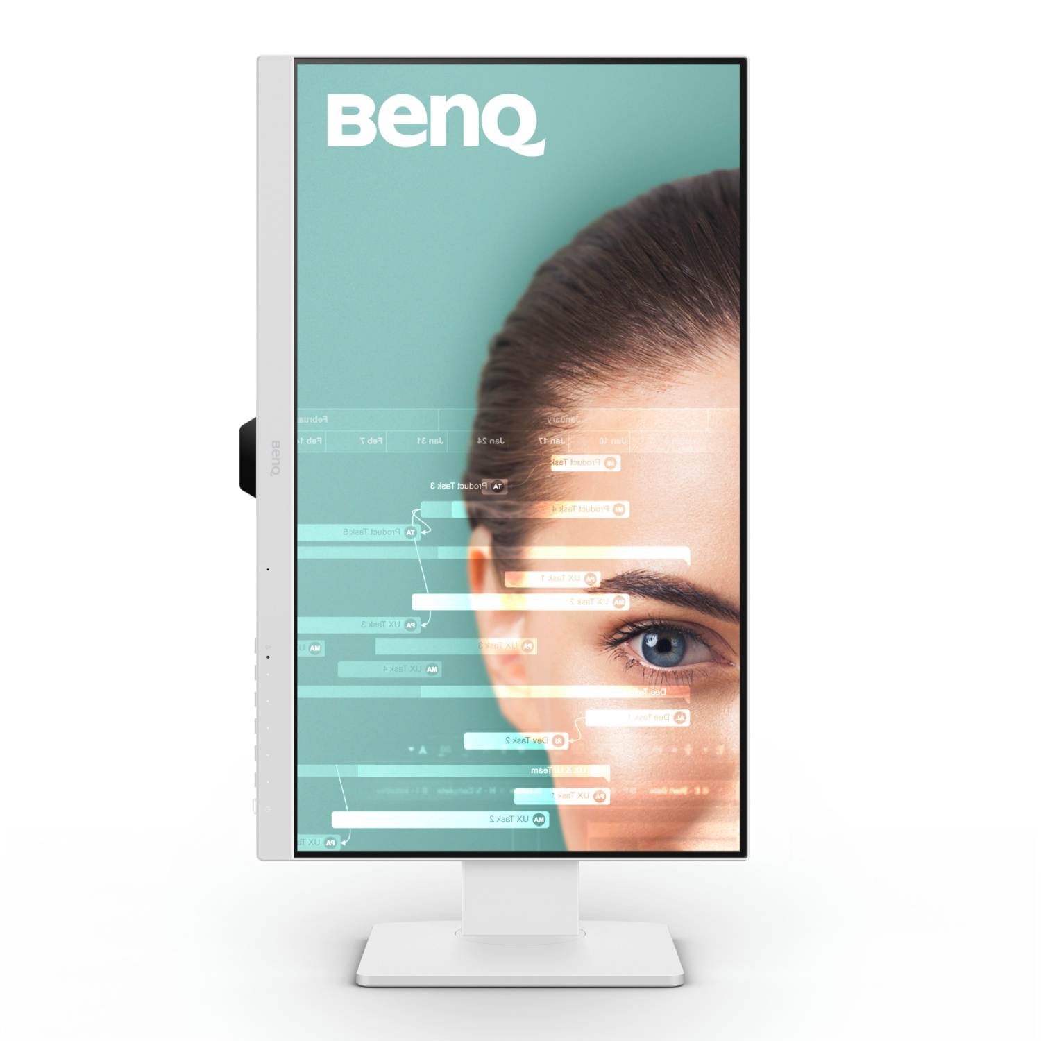Monitor BenQ mostrando ojo de mujer con superposición de datos. Monitor blanco con logo BenQ.