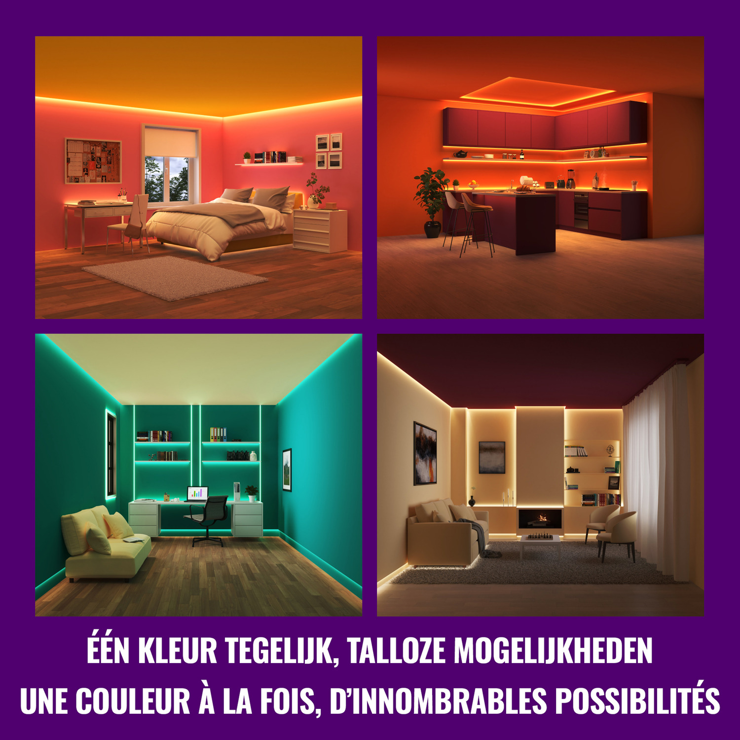 Quatre intérieurs de pièces avec éclairage LED de couleurs différentes.